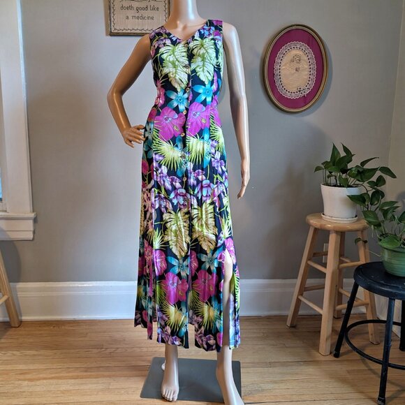 Vintage 90s Scarlett Midi Dress Button Front Tropical Print Funky Cottagecore 13 - Picture 14 of 16